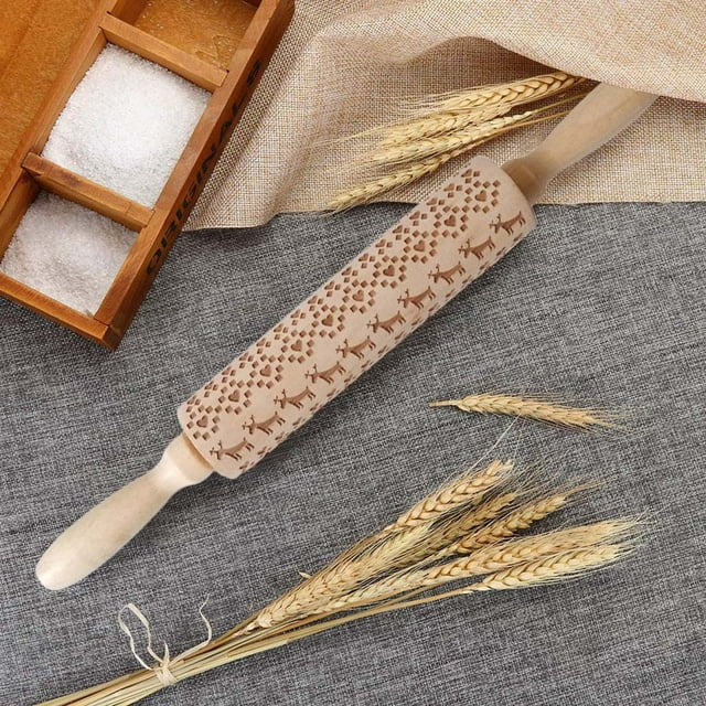 Meitianfacai Rolling Pin Dough Roller, Christmas Rolling Pin Engraved Carved Wood Embossed Rolling Pin Kitchen Tool