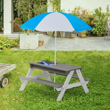 3-in-1 Multi-use Wooden Kids Picnic Table with Adjutable Umbrella, Convertible Picnic Table with Two Plastic Boxes, Activity Play Table for Outdoor/Backyard/Patio