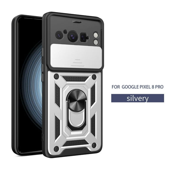 for Google Pixel 8 Pro Case, with Ring Kickstand and Camera Protection,Heavy Duty Protective Shockproof Protective Rubber PC Phone Back Cover for Google Pixel 8 Pro - Silver