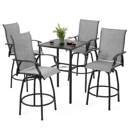 Nuu Garden 5-Piece Outdoor Patio Swivel Bar Set, 4 All-Weather Textilene High Bistro Stools, 28" Square Bar Table with Slatted Tabletop and 1.7" Umbrella Hole, Gray and Black