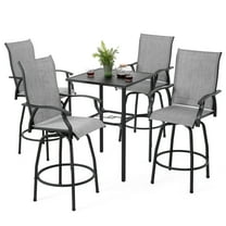 Nuu Garden 5-Piece Outdoor Patio Swivel Bar Set, 4 All-Weather Textilene High Bistro Stools, 28" Square Bar Table with Slatted Tabletop and 1.7" Umbrella Hole, Gray and Black