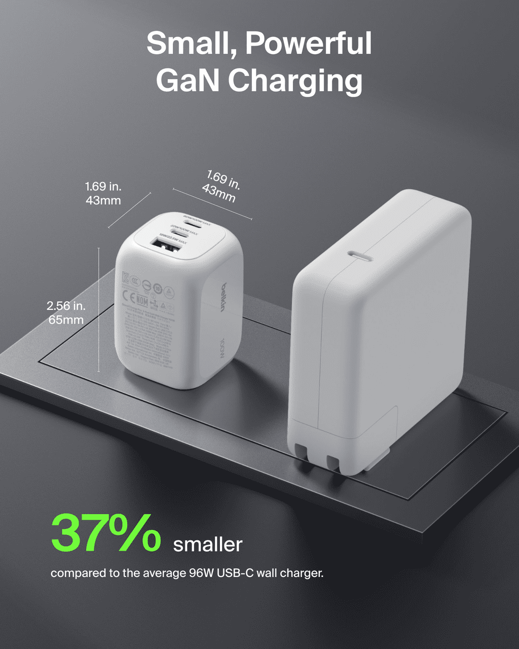 Belkin 3-Port USB C Charger Block 100W, Multi-Port GaN Wall Charger w/ 2x USB C Ports & 1x USB-A Port, Fast Charging for MacBook, iPhone 16, iPad Pro, Samsung Galaxy S25, Google Pixel, & More - White