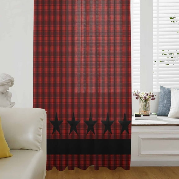 Red Black Plaid Semi Sheer Curtains Drapes for Living Room, Bedroom, French Doors Window 72 Inches Long, Country Vintage Star Abstract Gingham Rod Pocket Chiffon Curtain Drapery Voile Drape Panel