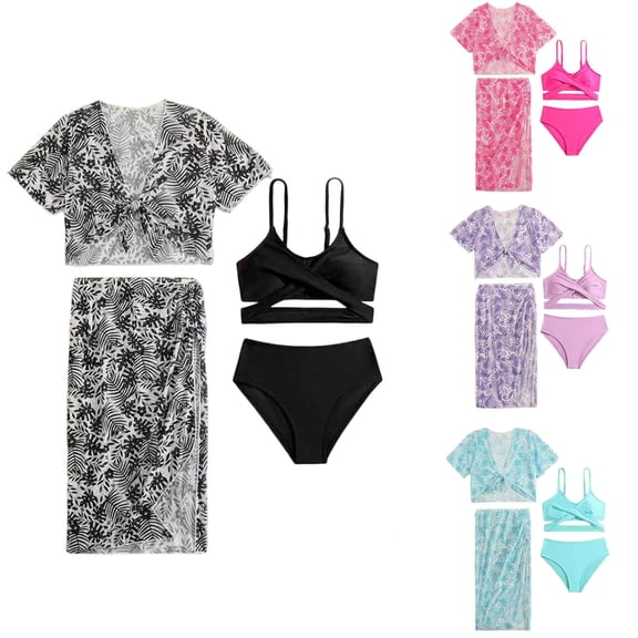 SHenli Girls Swimsuits Size 14-16 Cutout Girls' Swimwear Bikini Spaghetti Strap Girls Swimwear Tankini 3-Piece Ruched Side Bathing Suit for Girls
