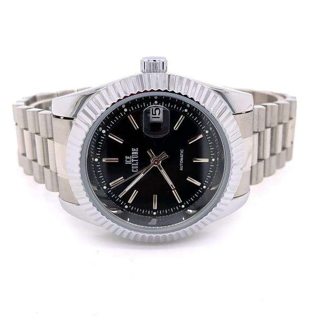 Stainless Steel Fluted Bezel Black Round Dial Designer Mens Watch
