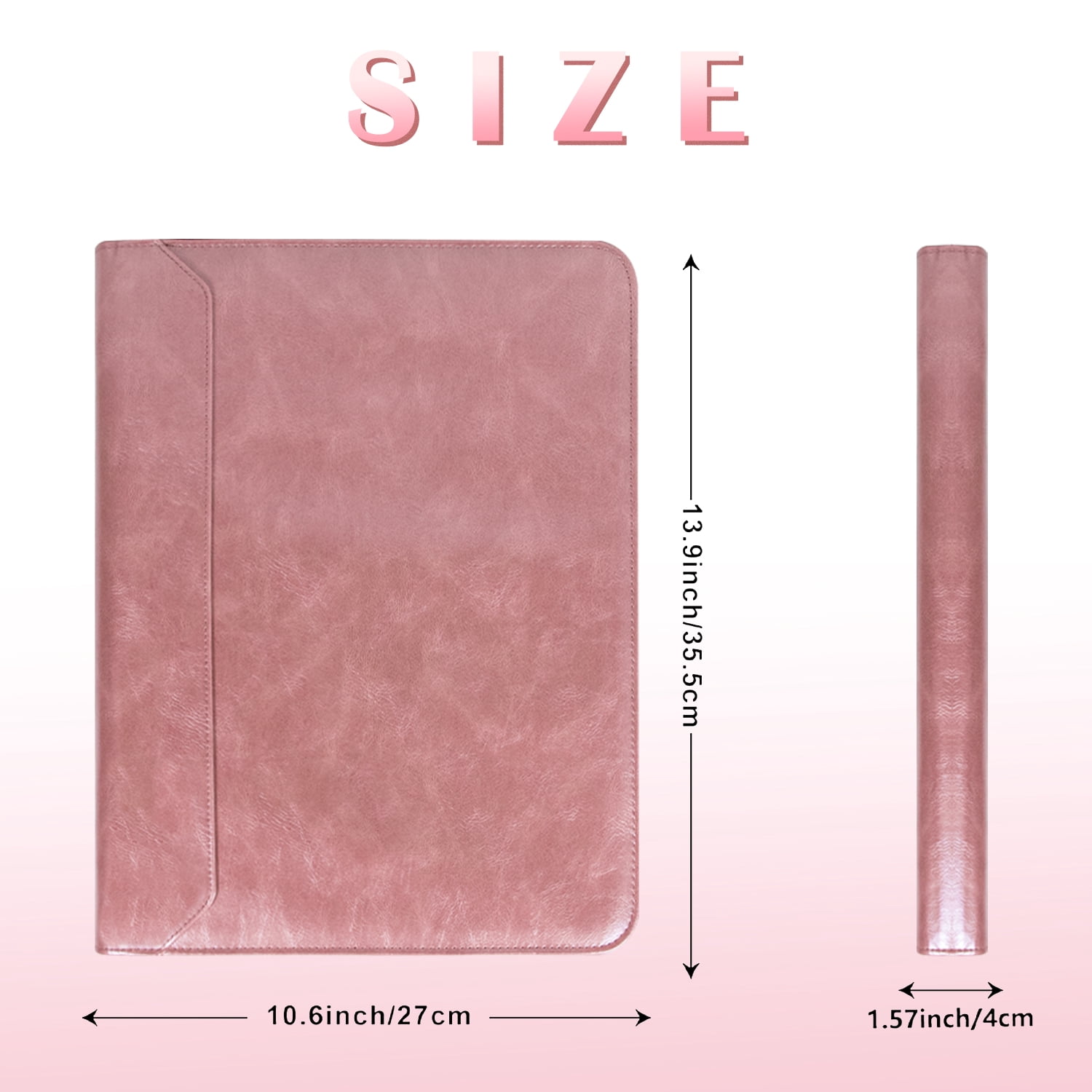 Zipper Binder Portfolio for Women, 3 Ring Binders 1 inch, PU Leather Padfolio Folder, Business Portfolio Organizer with A4 Legal Pads, Thin Leather Professional Binder, Gift for Her, Rosegold
