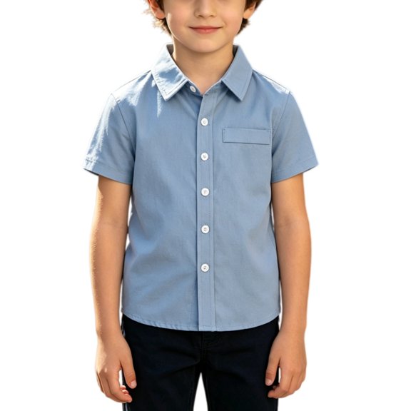 EnJoCho Little Boys Short Sleeve Button Down Shirt with Chest Pocket Banded Collar Tops Kids Toddler Dress Shirt Formal School Unifor𝗆 Boys Soli𝖽 T-Shirt Summer Vacation