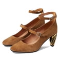 thumbnail image 2 of FSJ Women Closed Toe Double Strap Buckle Pumps Ankle Strap Metal Mid Chunky Heels Formal Dress Work Shoes Size 11 Brown, 2 of 4
