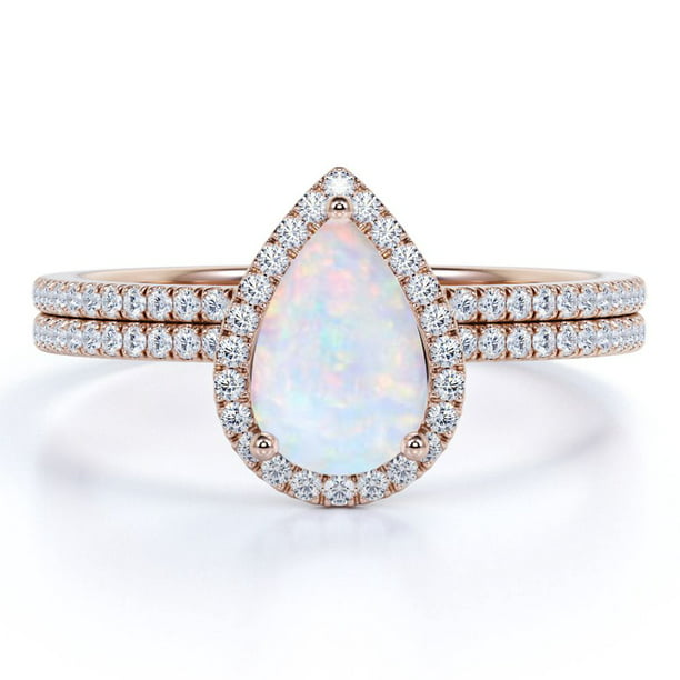 Antique 1.75 ct Pear Shape Fire Opal and Moissanite Wedding Ring Set in ...
