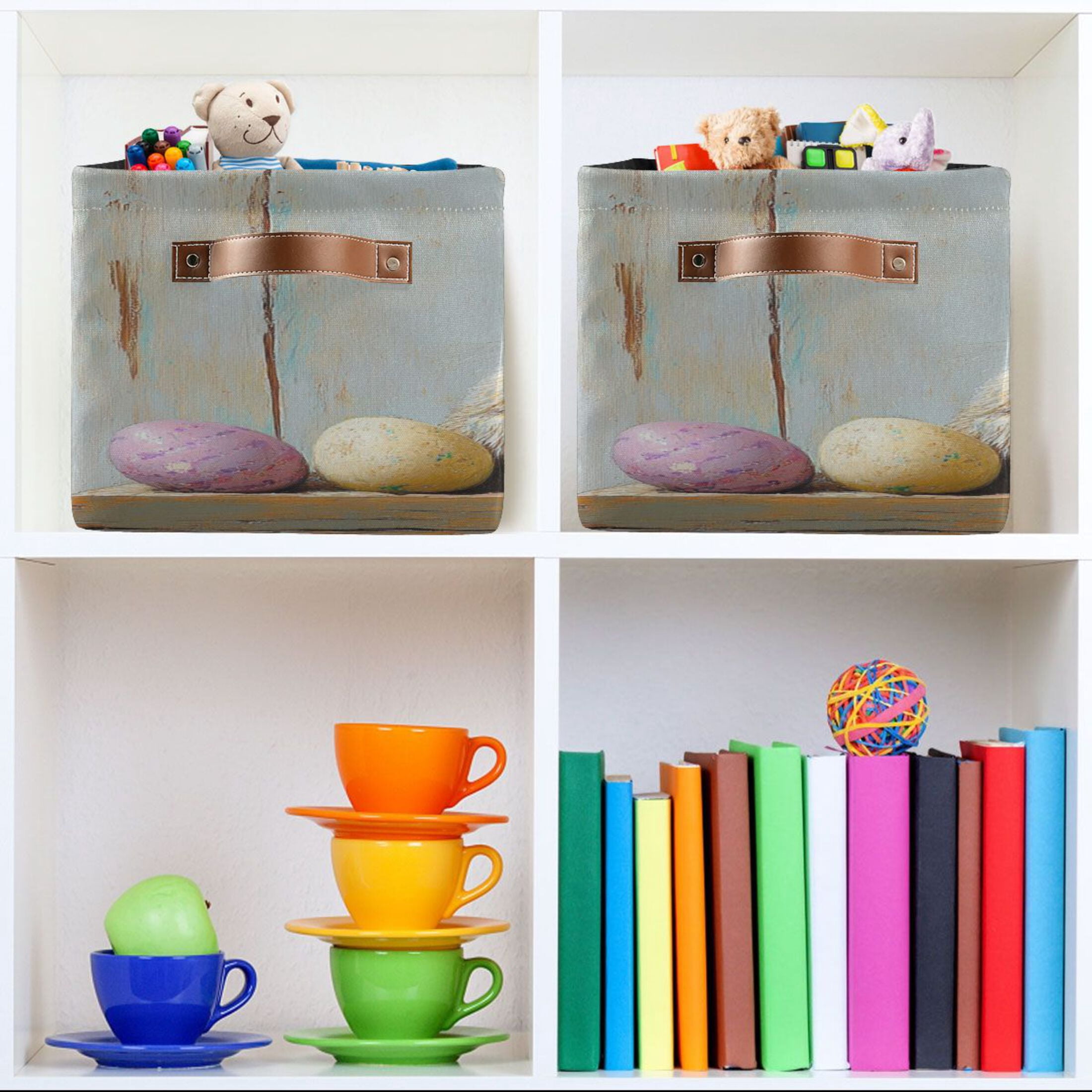 Square Storage Basket 14.2*10.2*8.3 Inch One Sizex2 Shelf Basket Open Home Storage Bins Bedroom Storage Basket Closet Storage Stylish Decor Cute Easter Brown Bunny