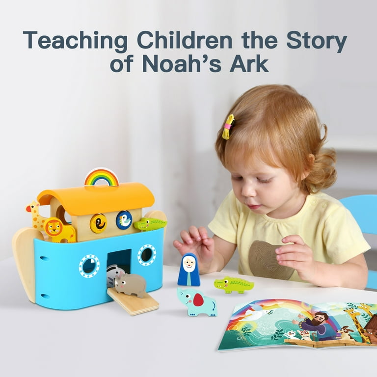 TOOKYLAND Noah s Ark Toys for Toddlers Wooden Animal Shape Sorter Toys Baptism Gifts for Boys and Girls Bible Story Toys with Story Book Montessori