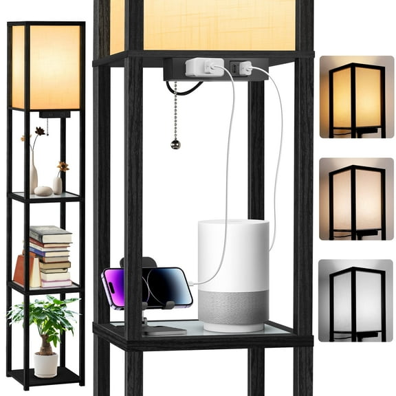 OUTON Floor Lamp with Shelves,Modern Dimmable Wood Standing Lamp with USB Ports, Type C & AC Outlet,Corner Tall Bookshelf Lamp for Living Room and Bedroom