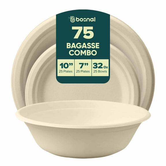 BOSNAL 10 Inch & 7 Inch Round Bagasse Plates with 32 Oz Bowls – Compostable, Biodegradable & Eco-Friendly Disposable Tableware for Parties, Catering & Events
