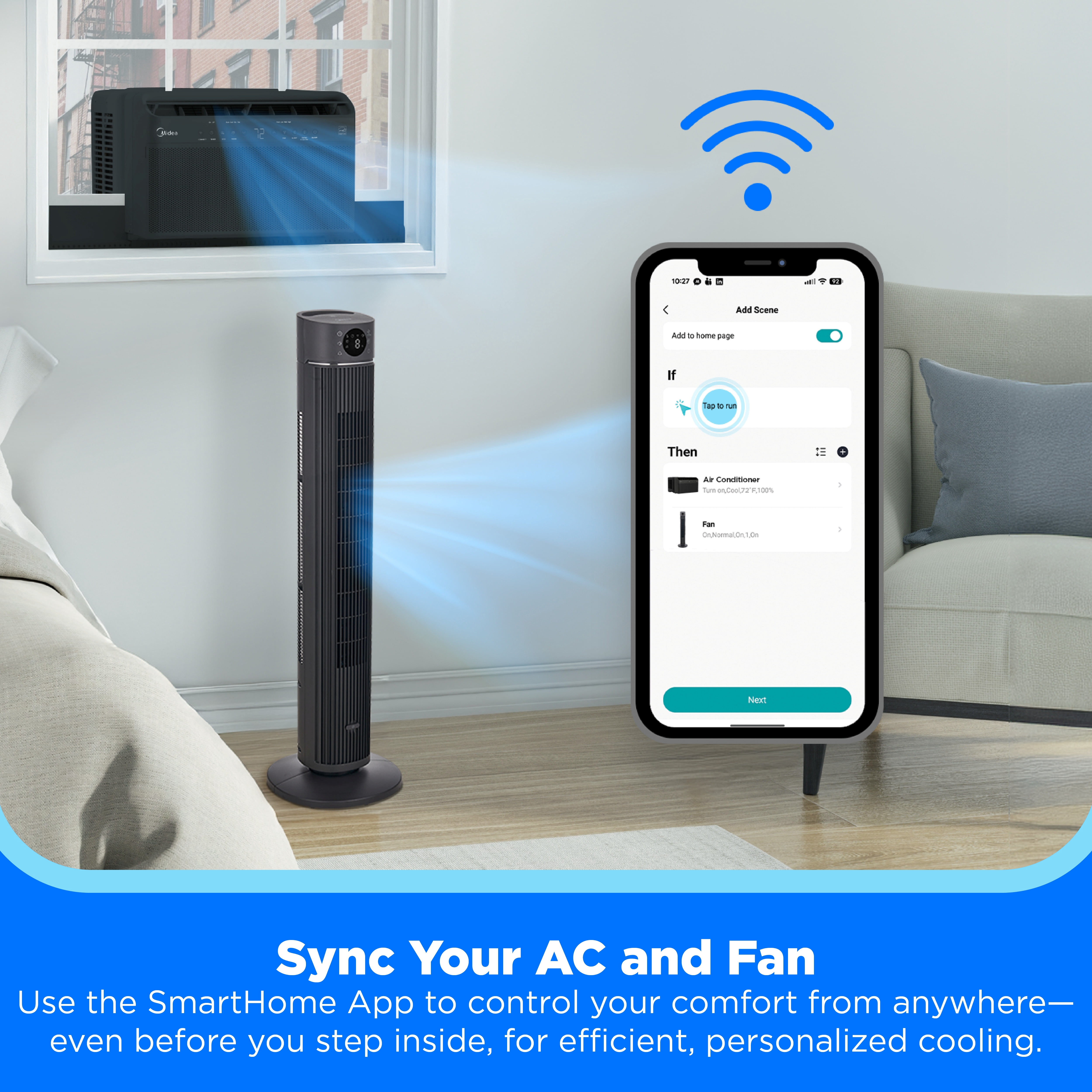 Midea 42-Inch Tower Fan Smart WiFi Enabled with 12 Speed Settings, Remote, Grey, MSFZ42W6WB
