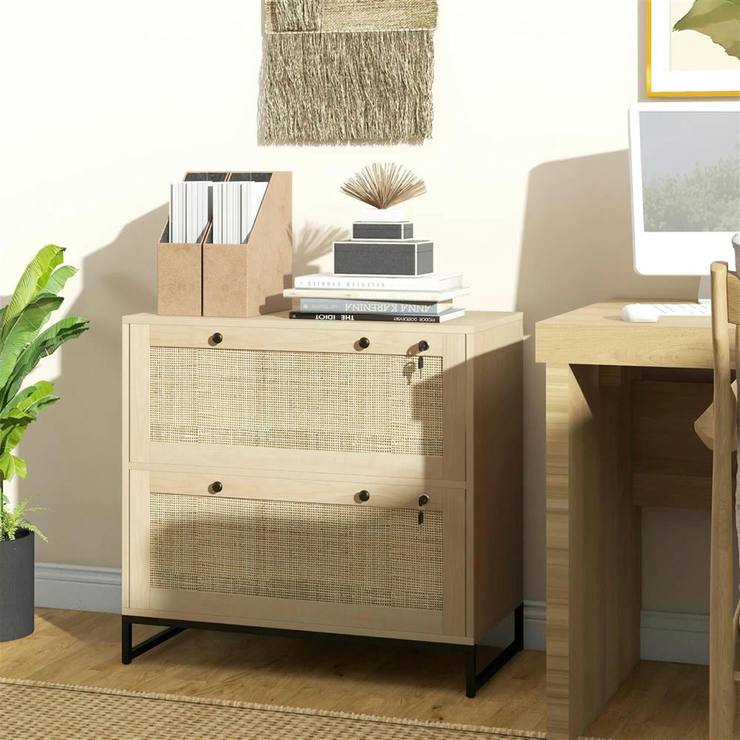 Demi Bonn Boho 2-Drawer Filing Cabinet with Adjustable Hanging Bar, for Letter, A4 and Legal Size, Home Office, Lockable File Cabinet, Beige