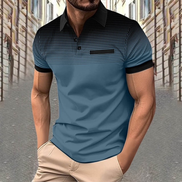 Blusa y camisa de manga corta con cuello vuelto para hombre, con solapa degradada de lunares y botones, deportiva, de poliéster