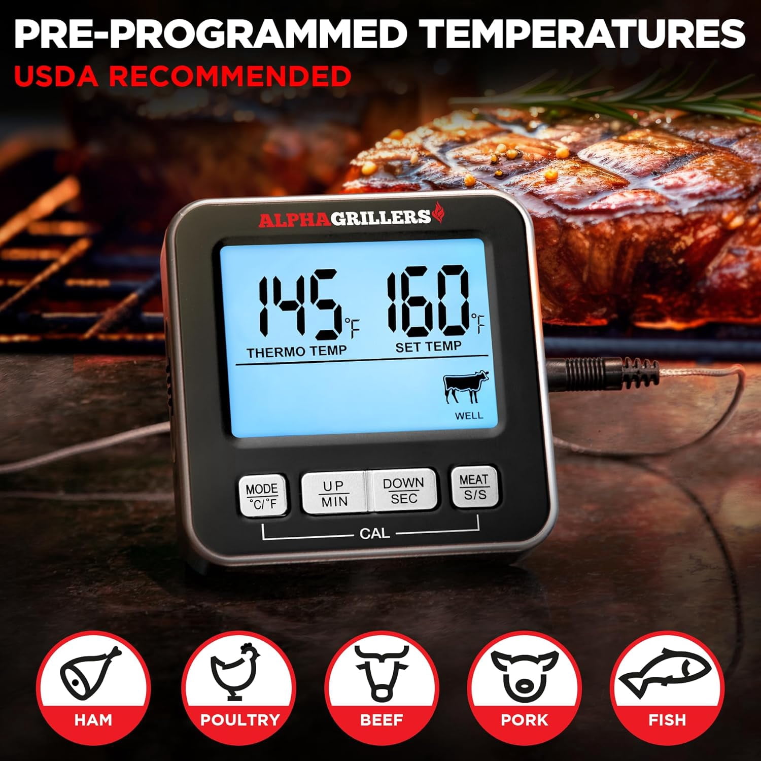 Meat Thermometer Digital - Kitchen Oven Thermometer for Cooking Food, Grilling, BBQ Smoker - 7 Preset Temperature Alerts, Timer, Alarm, & Stainless Steel Temperature Probe