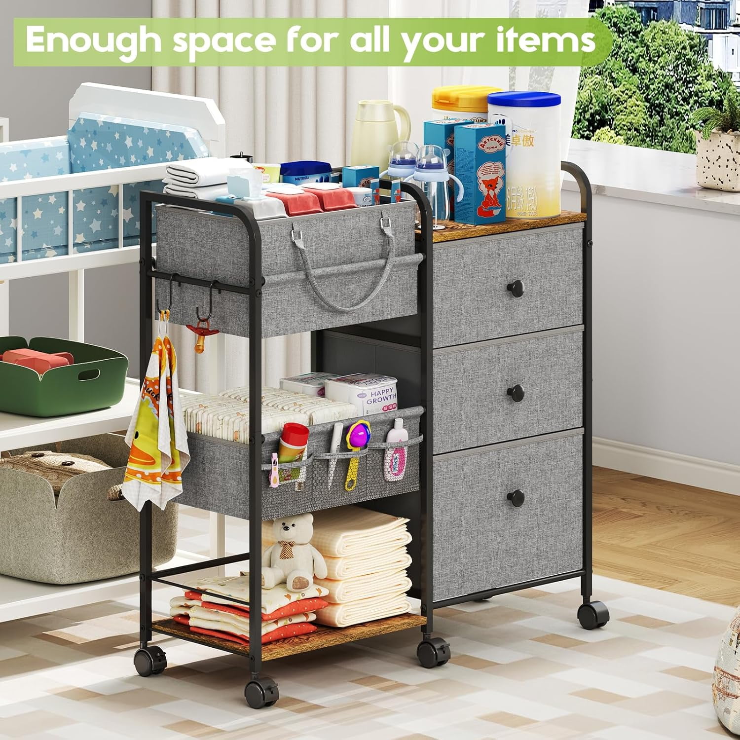 Gofinoday 2-in-1 Baby Diaper Caddy Organizer, 3-Tier Rolling Nursery Cart with Removable Caddy, Dividers, Drawers and Lockable Wheels, Gray