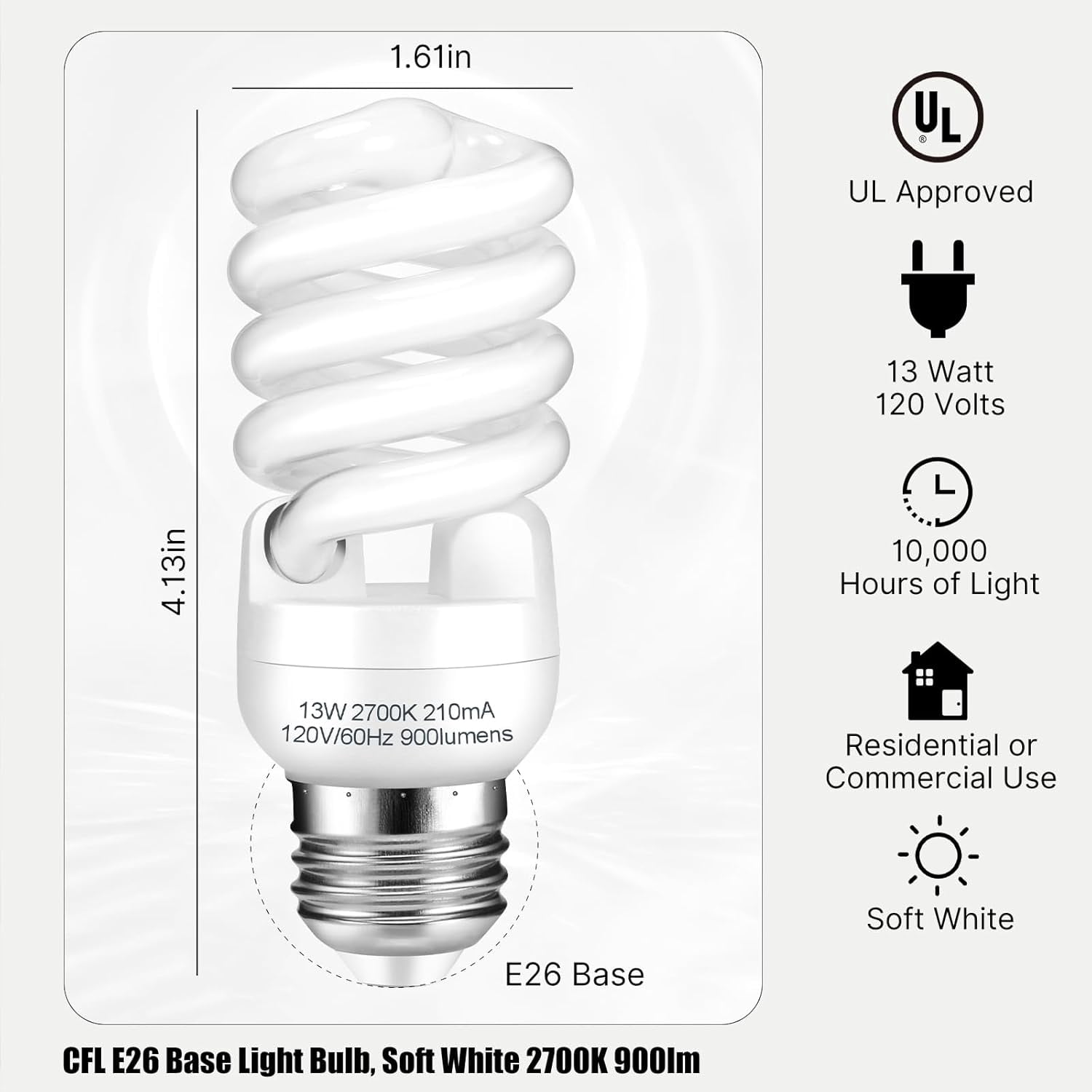E26 CFL Light Bulbs 13Watt T2 Spiral Soft White 2700K 900lm Medium Base Compact Fluorescent Bulbs UL Approved 120v 60Hz Self Ballasted (60Watt Equivalent) Pack of 4