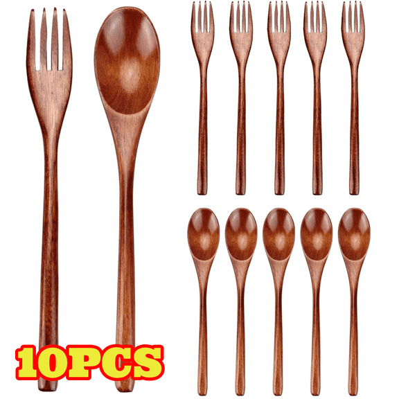 10pcs Wooden Spoons & Forks Set, Natural Wooden Utensil Set for Eating, Reusable Handmade Flatware Tableware for Kitchen Eating Cooking
