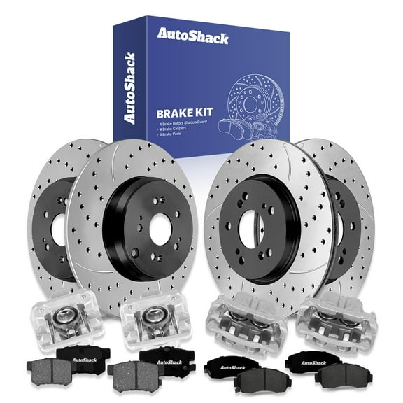 AutoShack Front Vented & Rear Solid Drilled & Slotted E-Coated Brake Rotors   Ceramic Pads   Calipers 16-PC Brake Kit Replacement for 2007-2011 Honda CR-V ShadowGuard