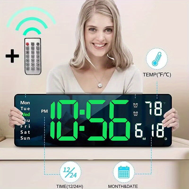 16" Large Digital Wall Clock Alarm, Big LED,  Auto DST, Temperature for Living Room Bedroom Desk Mount, Birthday Gift for Aged Elderly Mother Father