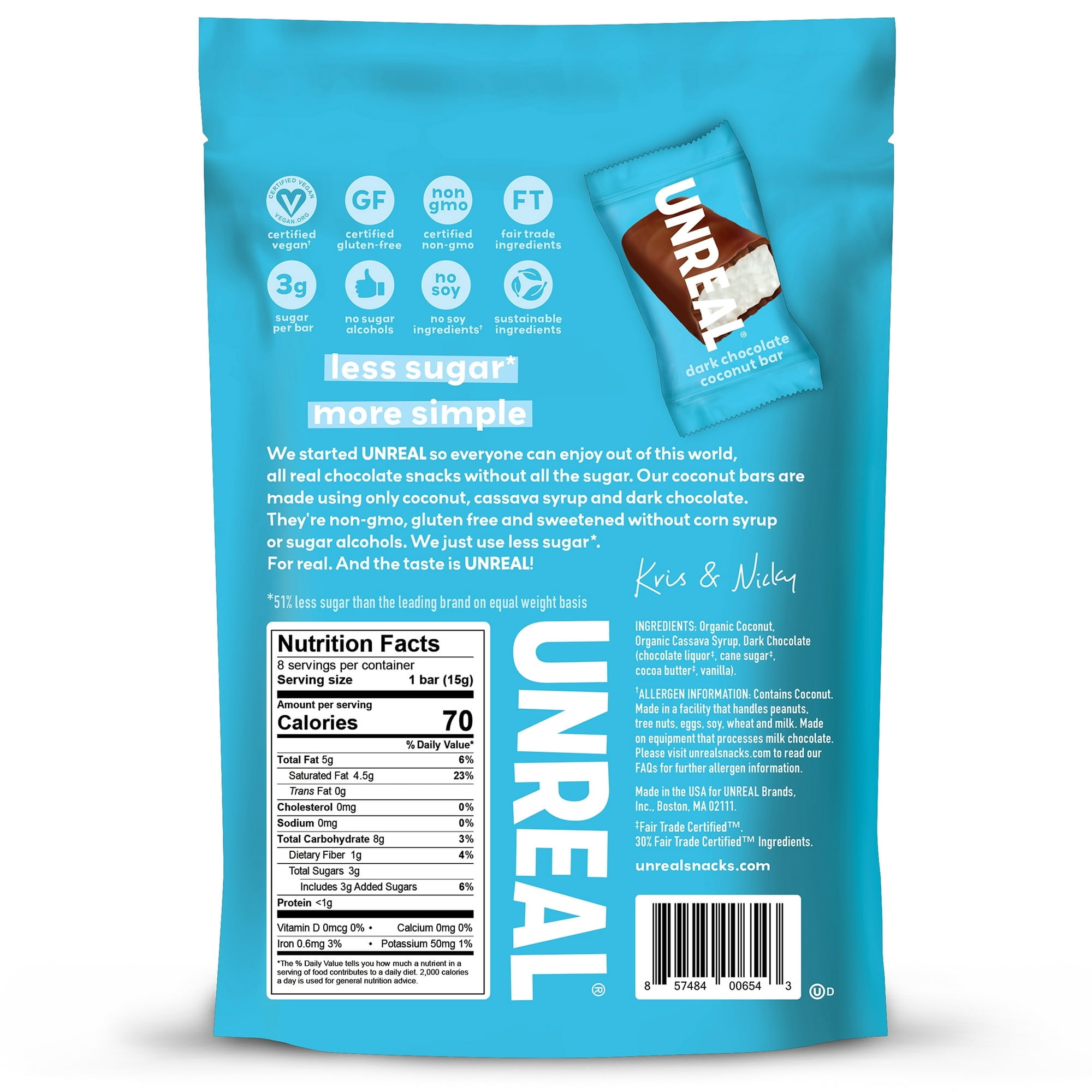 Unreal Dark Chocolate Coconut Bars, 4.2 oz Gluten Free (pack of 2)