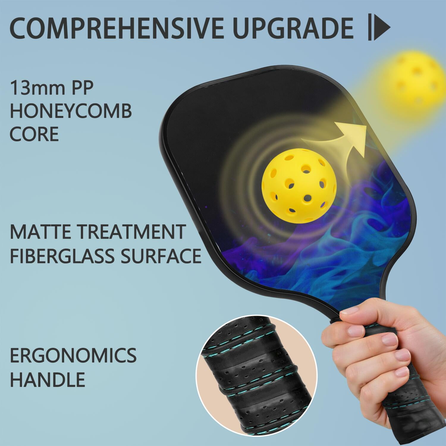 Pickleball Paddles Set Of 1, Fiberglass Surface, Fluid Smoke Aurora Art Style, 1 Paddle, 2 Balls & Bag