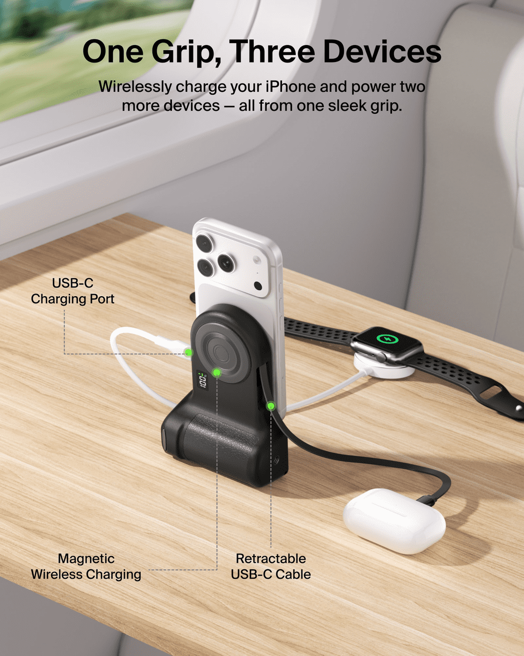 Belkin Magnetic Wireless Charging Camera Grip 9300mAh, Power Bank w/ Retractable USB C Cable, Bluetooth Connection, Tripod Attachment, LCD Screen, Ergonomic, Portable Charger for iPhone & Smartphones