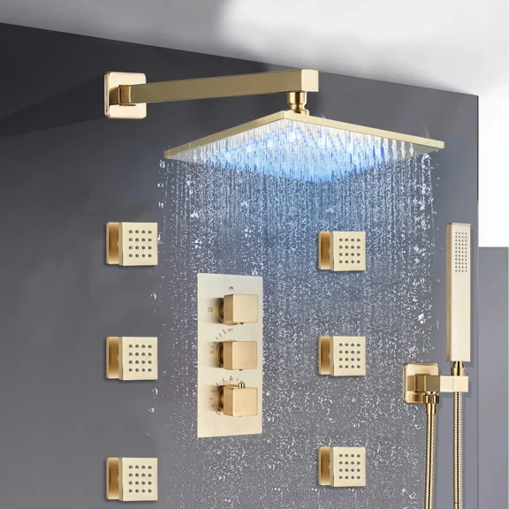 LED Thermostatic Shower Faucet Set Rainfall Head System Combo Kit W/Mixer Valve
