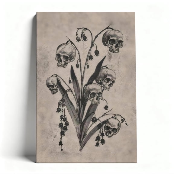 Skull Lily of the Valley Canvas Wall Art, Gothic Floral Decor, Dark Botanical Artwork for Home, Ready to Hang