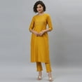 thumbnail image 3 of Janasya Indian Round Neck 3/4 Sleeve Solid Mustard Poly Silk Kurta With Pant For Women, 3 of 8