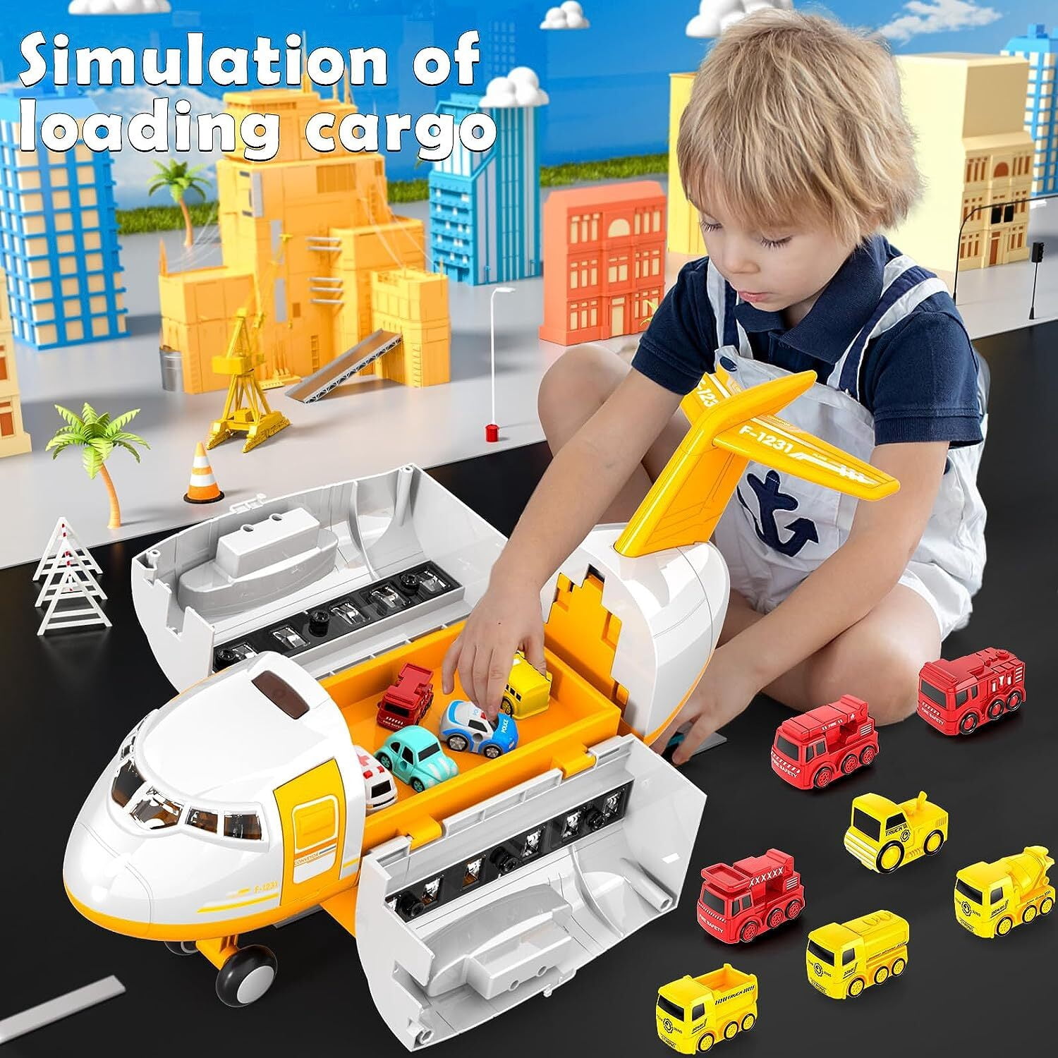 Airplane Toy,Transport Cargo Airplane Toys Music and Airplane Car Toy Play Set, with Vehicle Car Toy 1 Map 1 Barricade for 3+ Yellow