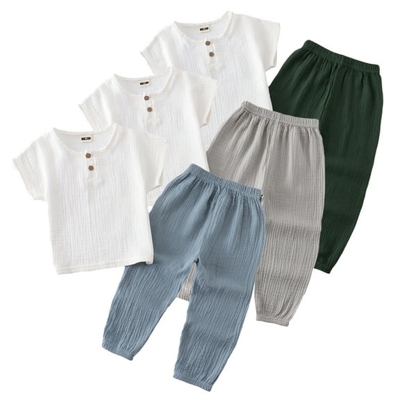 Esaierr Baby Kids Boys Girls Cotton Linen 2PCS Outfit Solid Colour Short Sleeve T-Shirt Tops Elastic Waist Pants Spring Summer Clothes Set for 12 Months - 8 Years