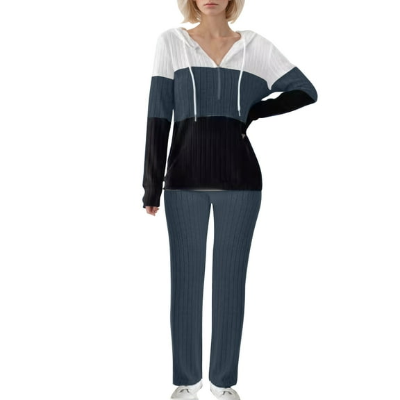 YABCSAZ Women's Long Sleeve Sweater Sets Oversize Zipper V Neck Knitted Hoodies Top Shirts Pants 2 Piece Outfits Sets Casual Loose Soft Sweater Sets 2024 Christmas Gifts for Women