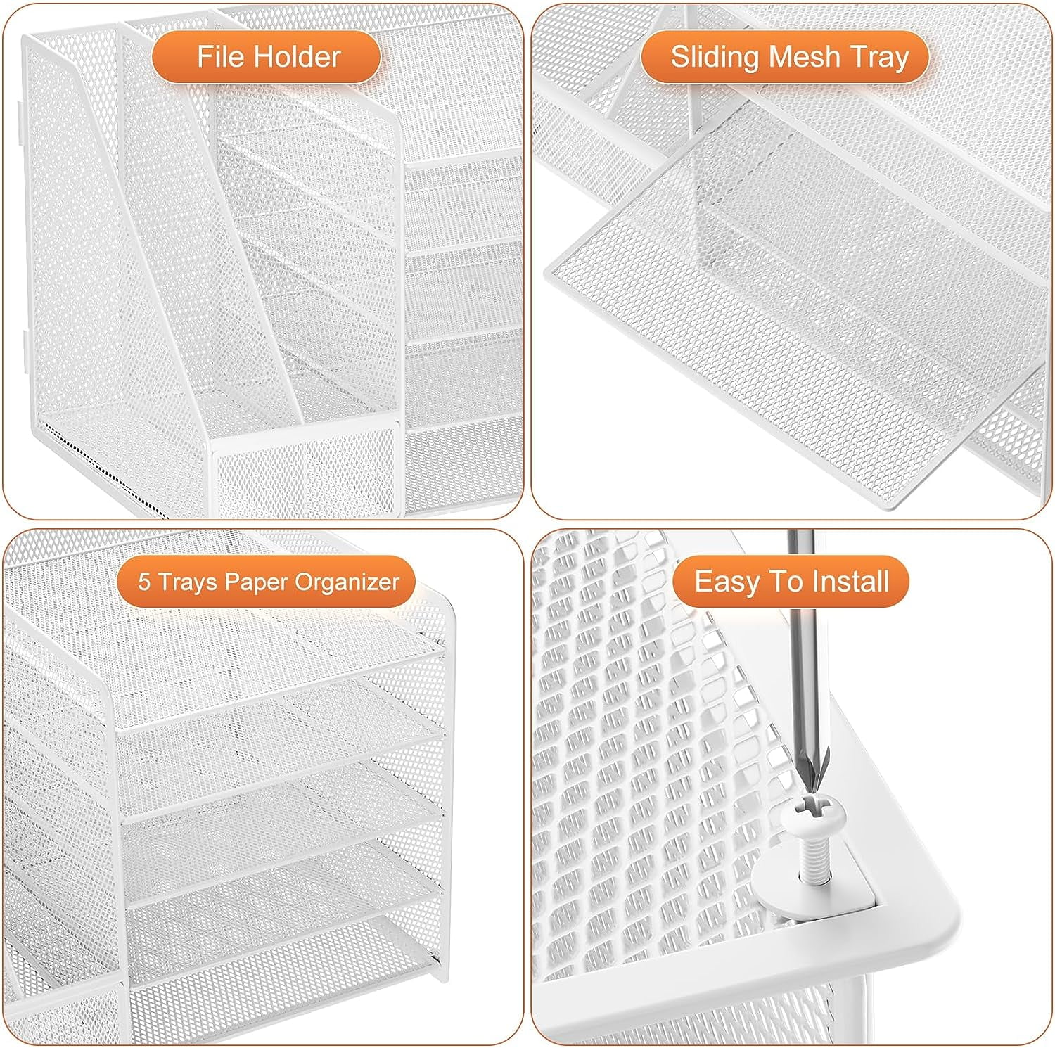 Marbrasse Desk Organizer with File Holder, 5-Tier Paper Letter Tray Organizer, Mesh Desk Organizers and Accessories with Magazine Holder, Desktop Organizer and Storage for Office Supplies (White)