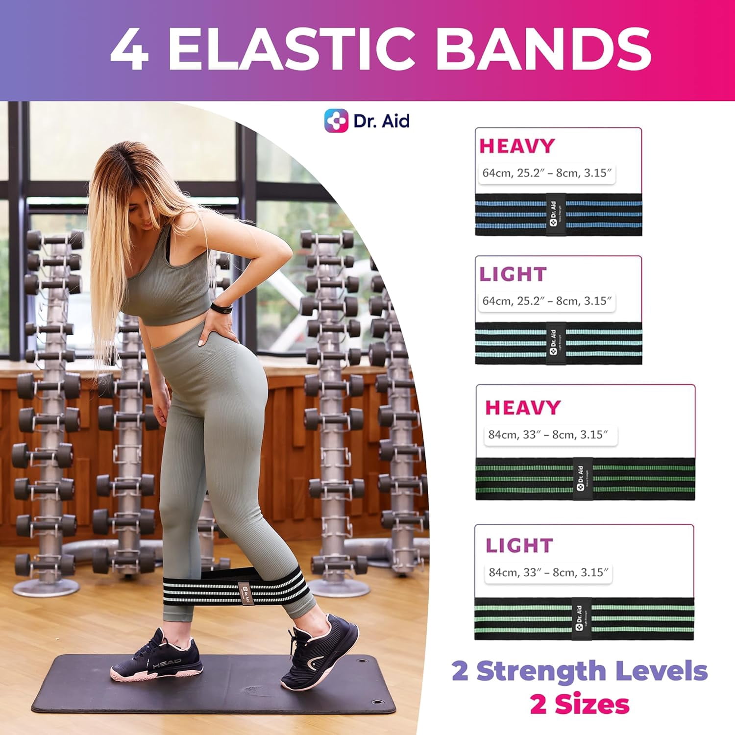 JJEAN-Fabric Resistance Bands for Women & Men – 4 Booty Bands Set (2 Sizes, 2 Tension Levels) – Non-Slip, Non-Curl, Tear-Resistant, Extra Stretchy Workout Bands for Legs, Hips, Glutes & Butt
