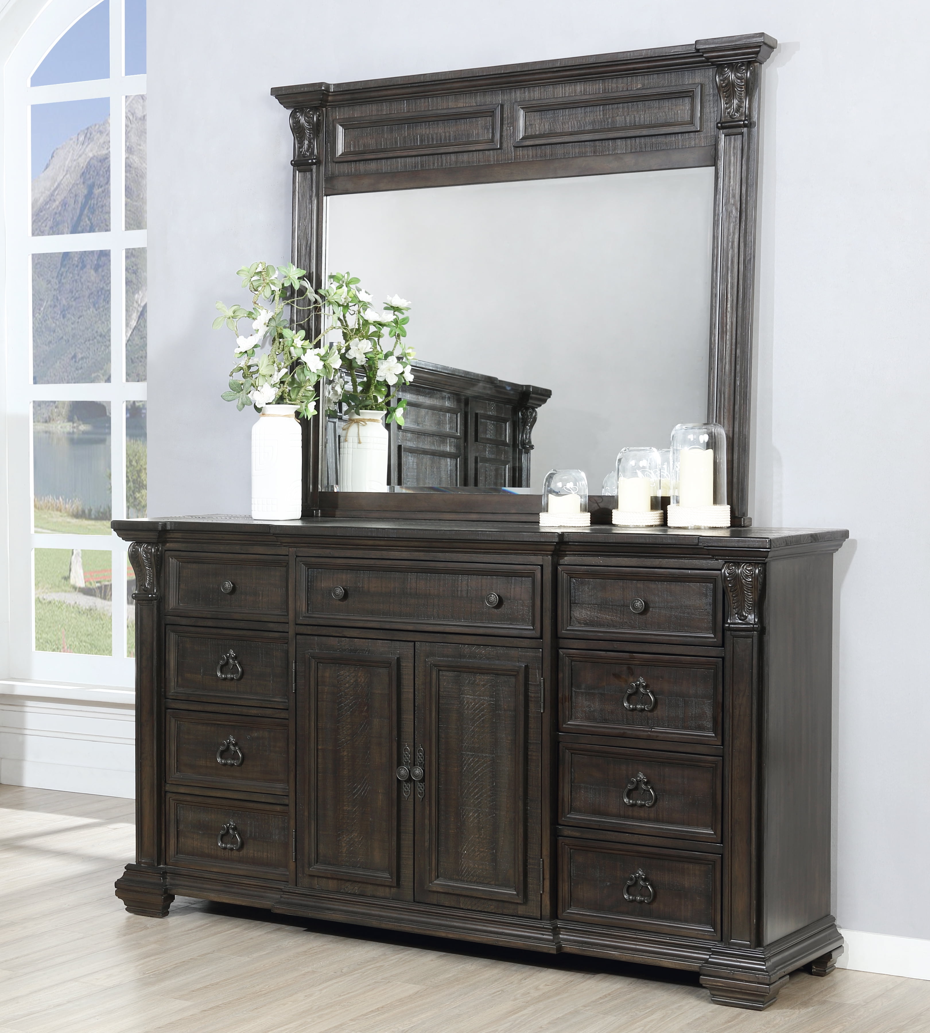 Farson Distressed Dark Walnut Finish Wood Panel Queen Bed, Dresser, Mirror, Nightstand