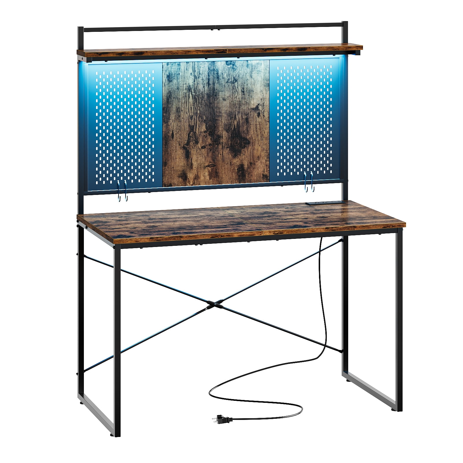 Bestier Gaming Desk with Power Outlets & LED Light, 39.3 Inch Computer Desk Office Table with Storage Shelves Pegboard, Rustic Brown