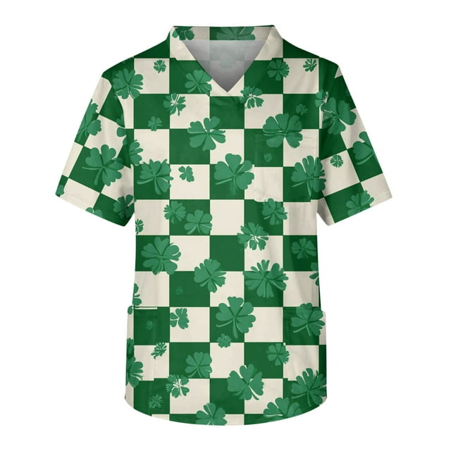 OIOLOYJM Sarrau pour Hommes de la Saint-Patrick à Imprimé Trèfle, Col en V, Sarrau d'Infirmier, Doux et Extensible, Uniformes d'Infirmier, Grande Taille, Manches Courtes, Haut de Sarrau d'Infirmier avec Poches, Vert Pâle, S