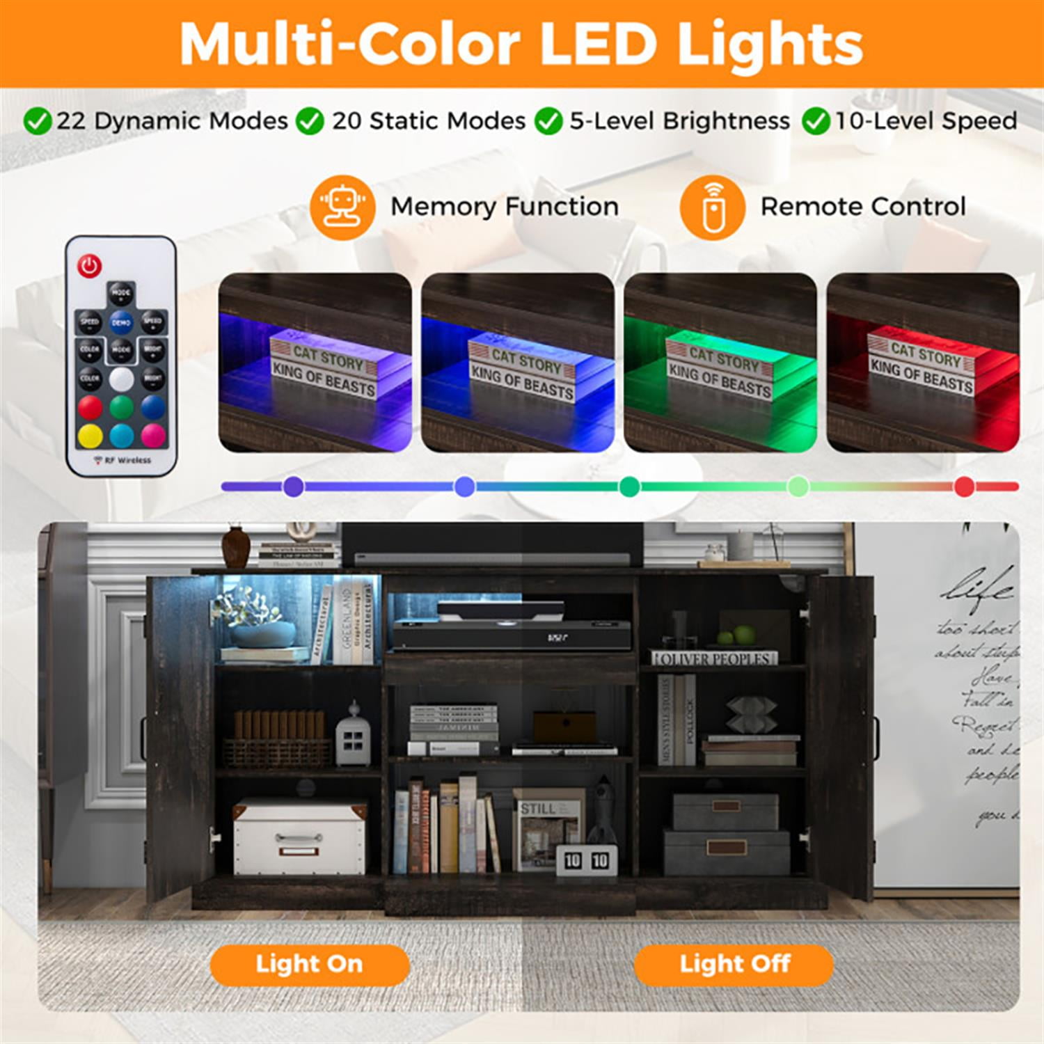 Demi Bonn TV Stand for 65" TVs, Entertainment Center with 20 Color Led Lights, Modern Media TV Console Table for Living Room Bedroom, Brown