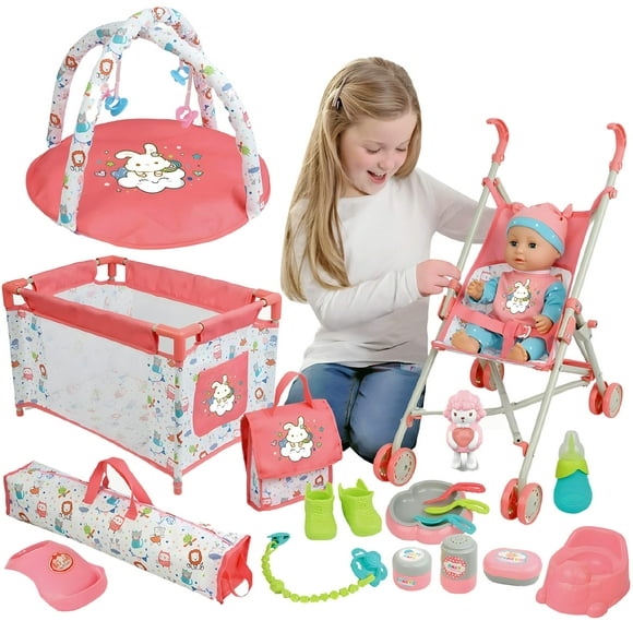 Liberty Imports Kids 18-Piece Newborn Talking Baby Doll Stroller Nursery Role Play Set w/ Playpen, Play Mat, Potty Training, Accessories (14" Doll In