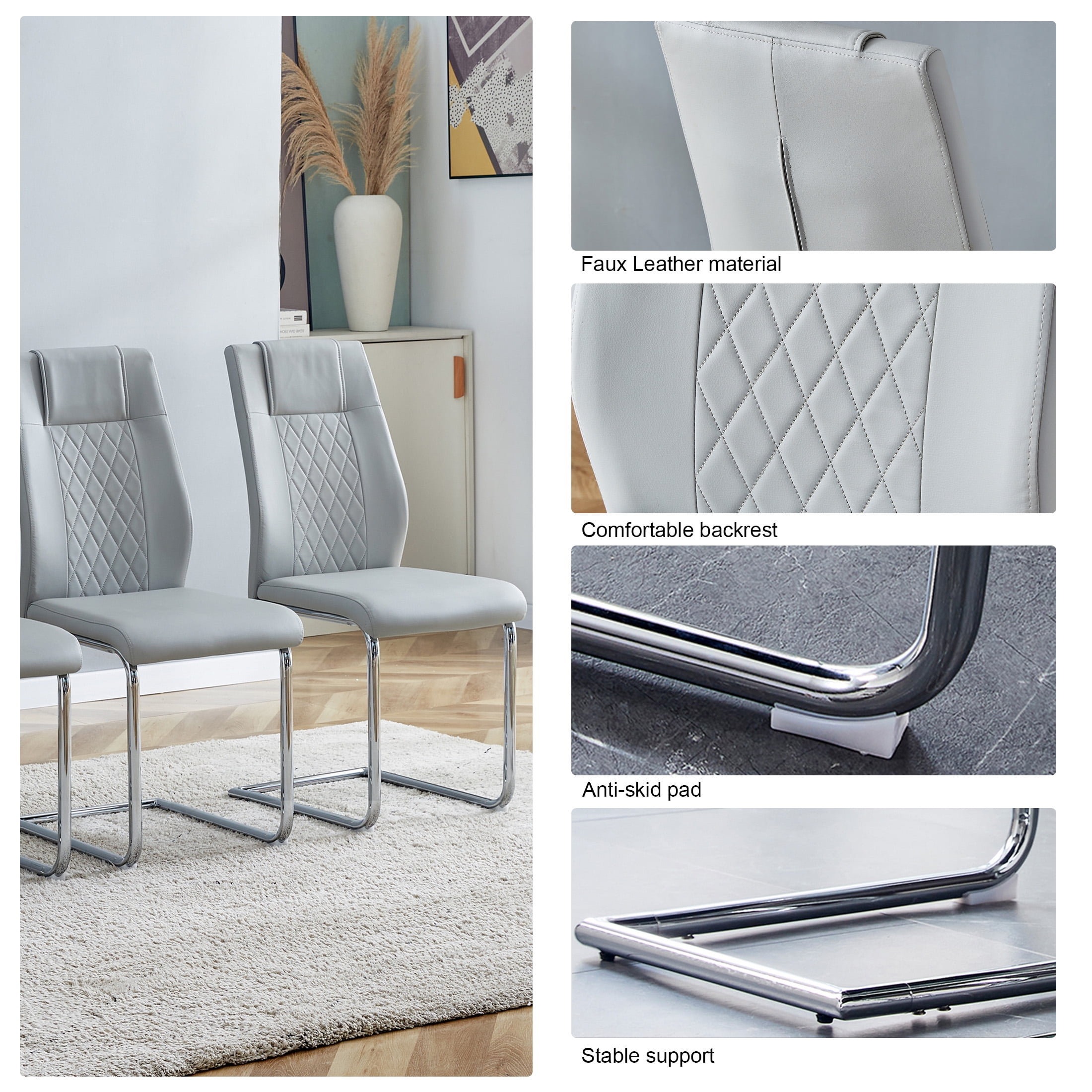 Aukfa Dining Chairs Set of 4, High Back Metal Side Chairs with Faux Leather Padded Seat for Kitchen, Dining Room, Ligh Gray/Silver