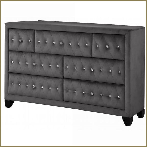 Dressers Modern 7-Drawer Crystal Tufted Velvet Dresser | Gray | Wood Blend