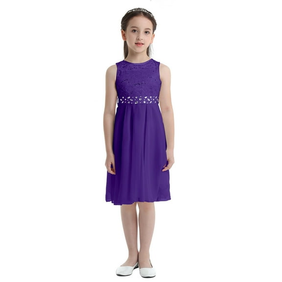 CHICTRY Kids Big Little Girls Lace Chiffon Sleeveless Flower Girl Dress Sequined Ruched Shoulder Dress for Wedding Birthday Party Purple 2