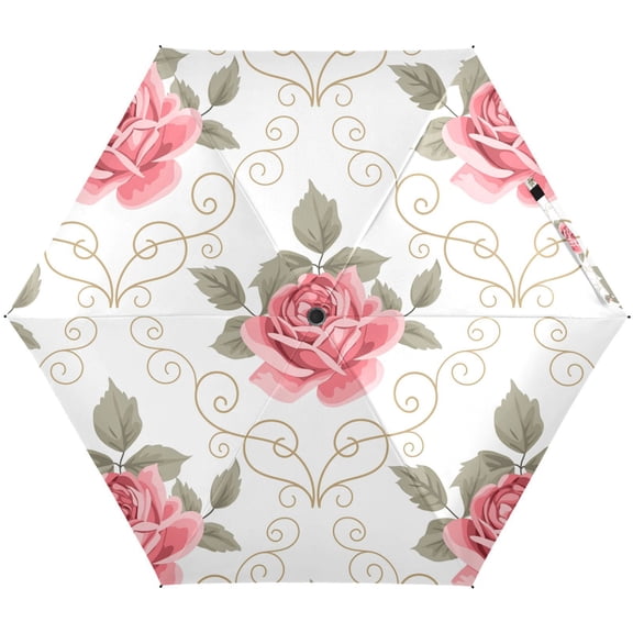 JSTEL Pink Rose Flower Floral Curly Design Folding Umbrella for Rain Sun Travel Mini Lightweight Compact Umbrellas