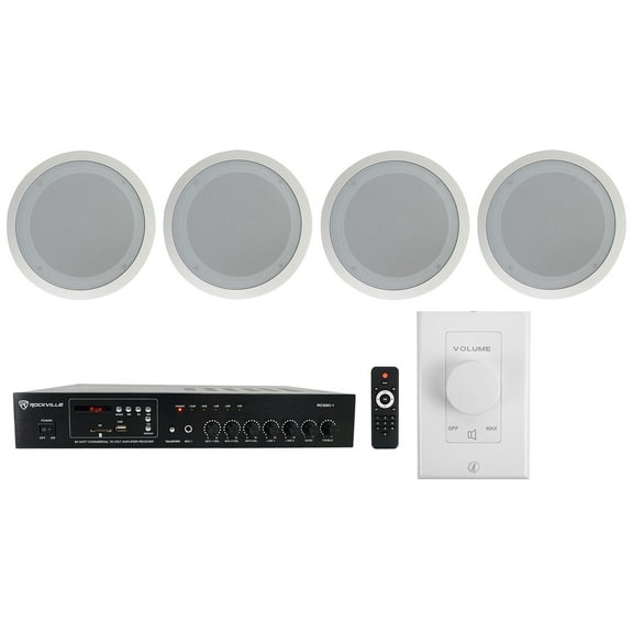 Rockville Commercial Restaurant Amp (4) 8" White Ceiling Speakers Wall Control