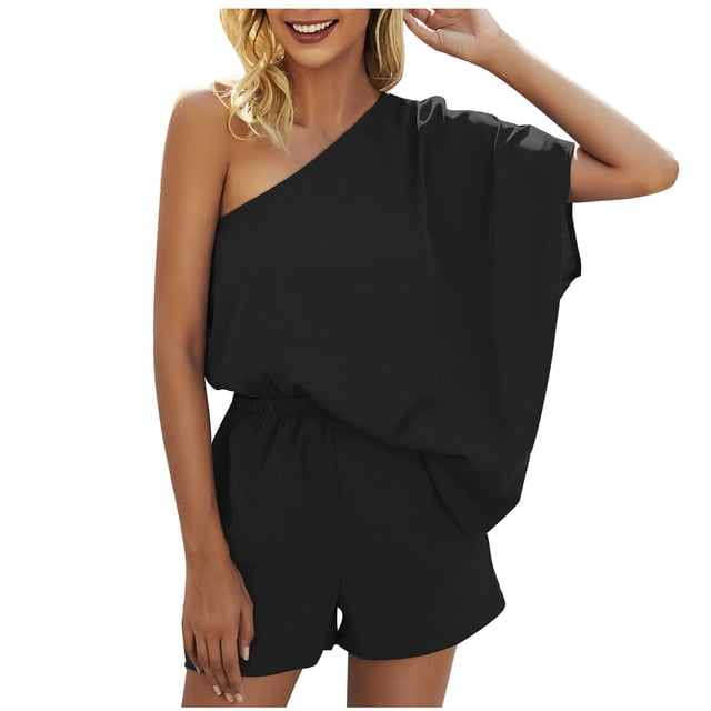 Birdeem Womens Spring and Summer Solid Color One Shoulder Sloose Fitting Casual One-Piece Shorts