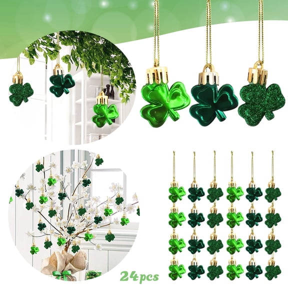 24pcs Three-Color Irish Festival Shamrock Ornaments - Good Luck Grass Hanging Baubles, Decor for Christmas Tree Table Shelf Home Office