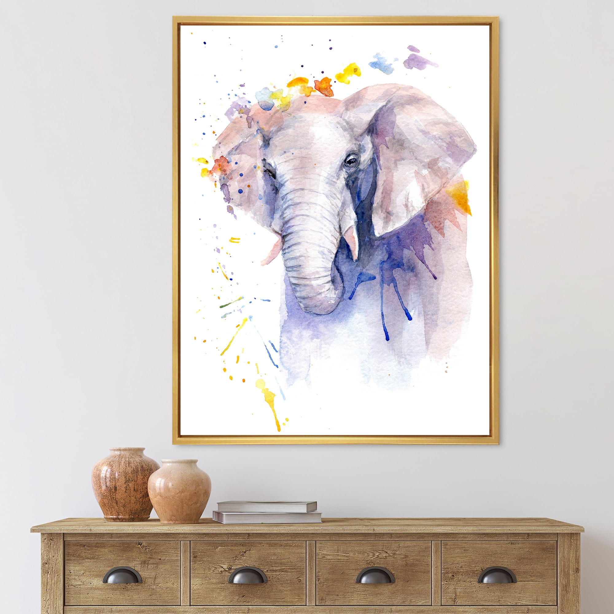 Designart 'Portrait of An Elephant Yellow and Blue Strokes' Farmhouse Framed Canvas Wall Art Print